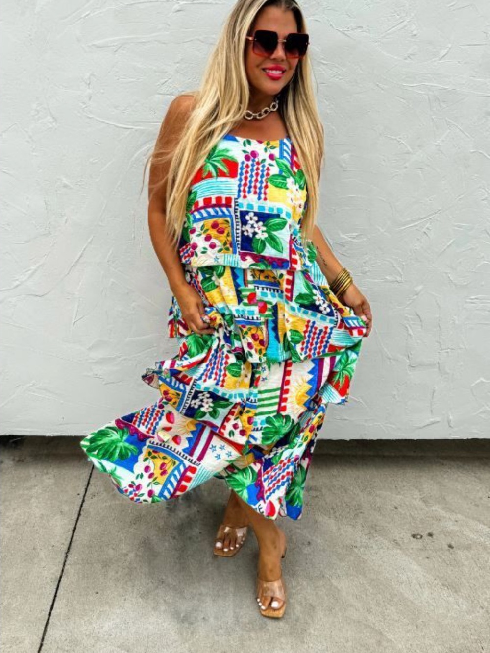 Vibrant Tropical Print Maxi Dress - Multi